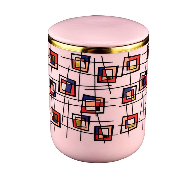 Portacandele in ceramica con coperchio motivo a blocchi multicolore rosa all'ingrosso per realizzare candele