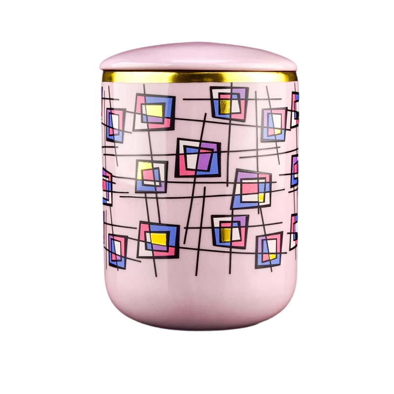 Portacandele in ceramica con motivo a blocchi multicolore viola freddo da 374 ml all'ingrosso con coperchio