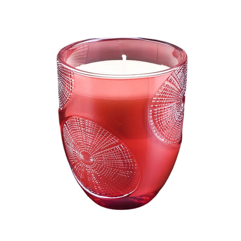Tarro de vela de vidrio rojo con patrón de anillo al por mayor para hacer velas