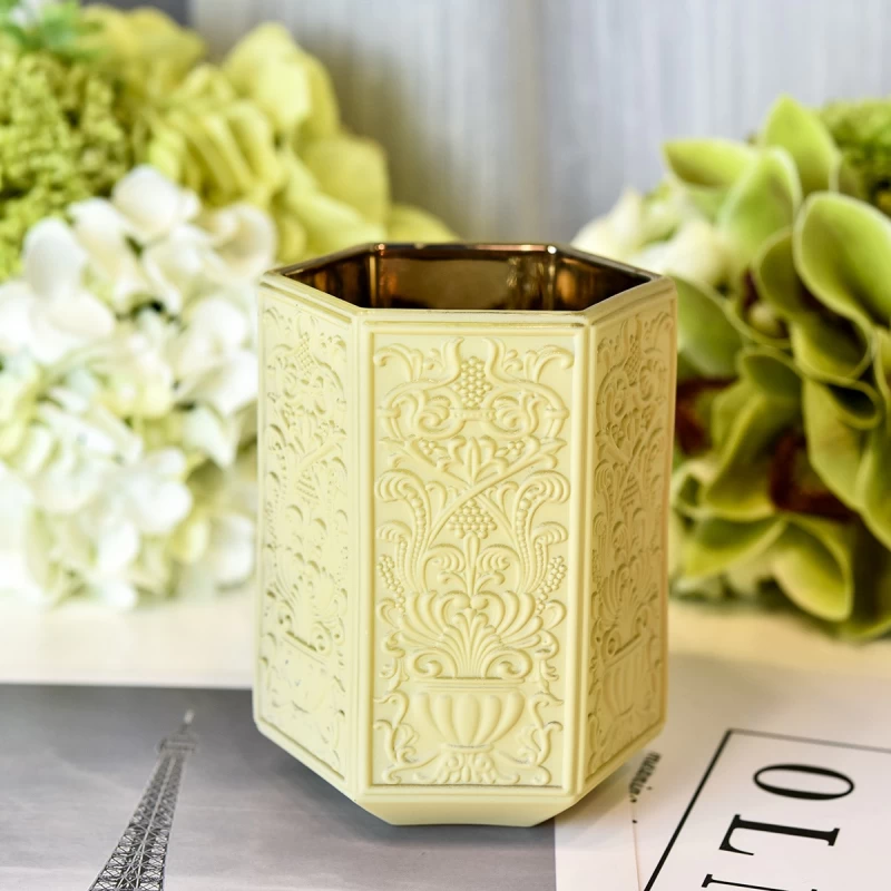 Wholesale baroque gold-plated yellow glass candle jar