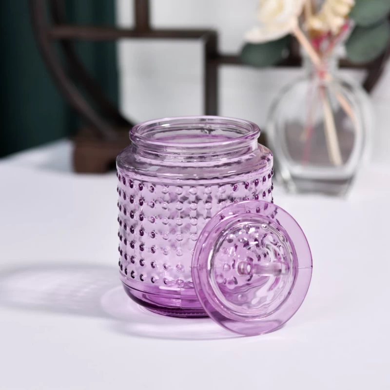 Pot de bougie en verre à pois violet vide de luxe avec couvercles pour la décoration intérieure