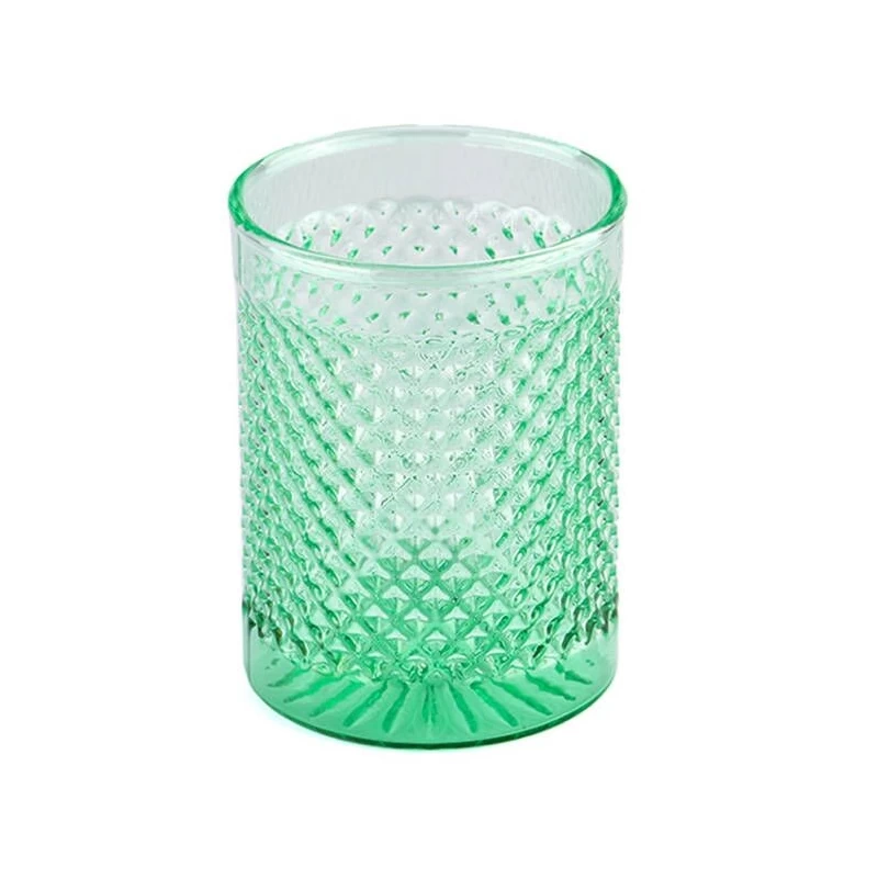 Tarro de vela de vidrio de grano empotrado verde claro de color superior al por mayor
