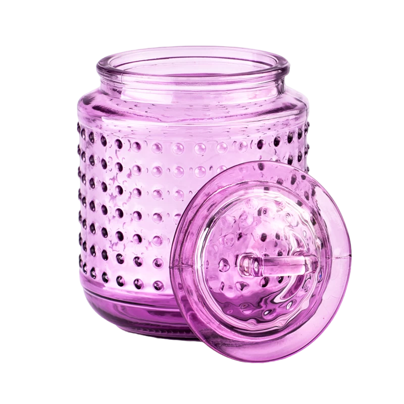 Tarro de vela de cristal vacío de lujo con manchas moradas y tapas para decoración del hogar