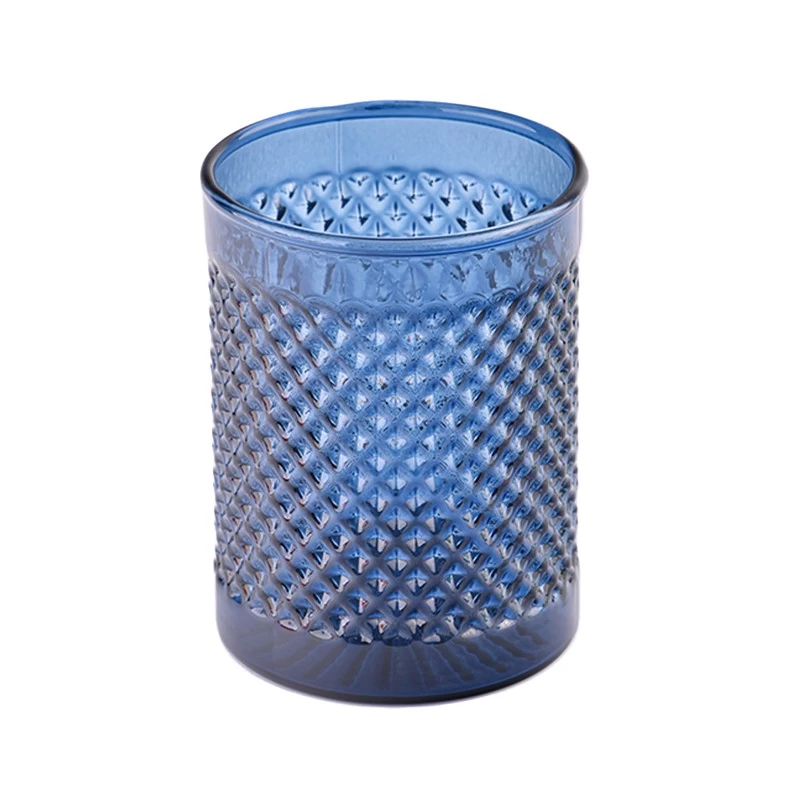 定制凹纹图案蓝色玻璃蜡烛罐用于蜡烛制作