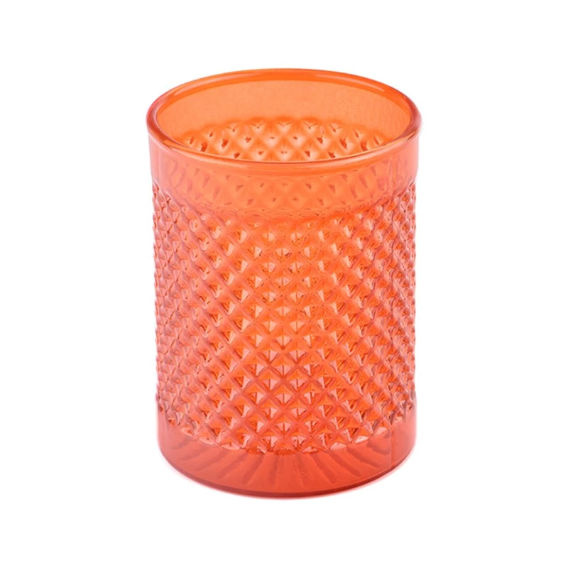 豪华凹纹图案橙色玻璃蜡烛罐 