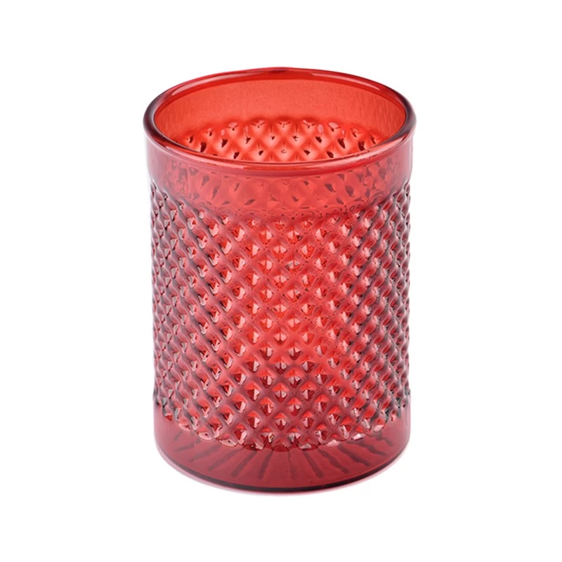Customized empty recessed grain pattern red glass candle jars for wedding decoration