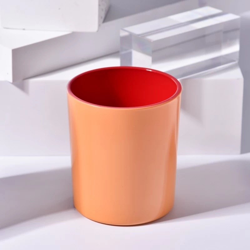 Wholesale large flat bottom inside red outside orange glass candle holder with wooden lids
