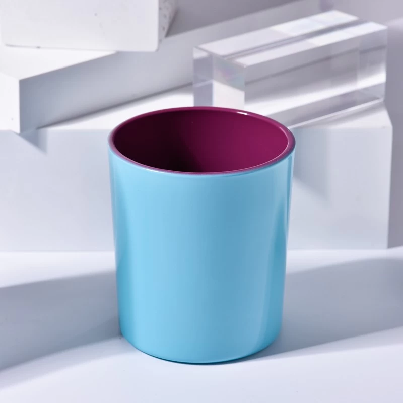 Custom nordic large flat bottom inside purple outside blue glass candle holder with wooden lids