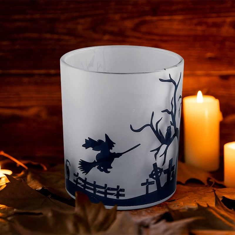 Wholesale frosted white glass candle jars with black halloween designs