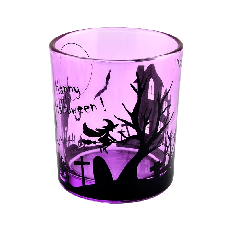 Barattolo portacandele in vetro viola chiaro personalizzato con graffiti di Halloween