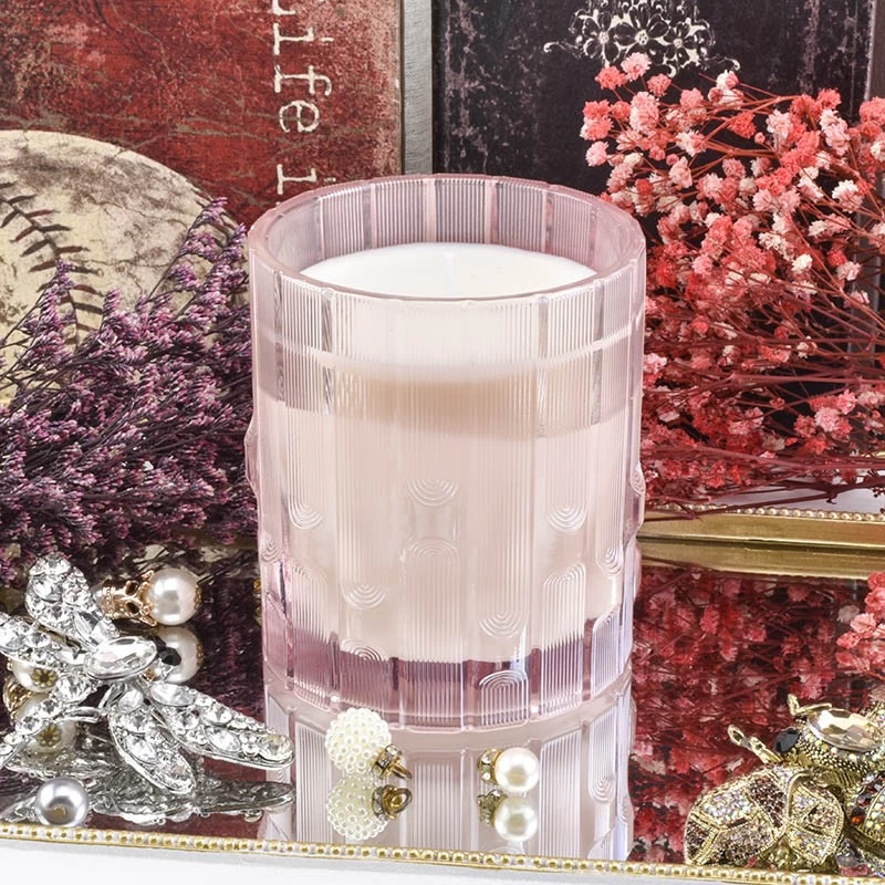 Pakyawan na vertical striped syllable jar pink clear glass candle jar para sa home decor