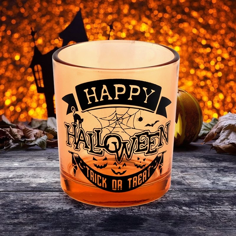 Venta al por mayor de tarros de velas de cristal naranja con graffiti de Halloween decorados para las vacaciones