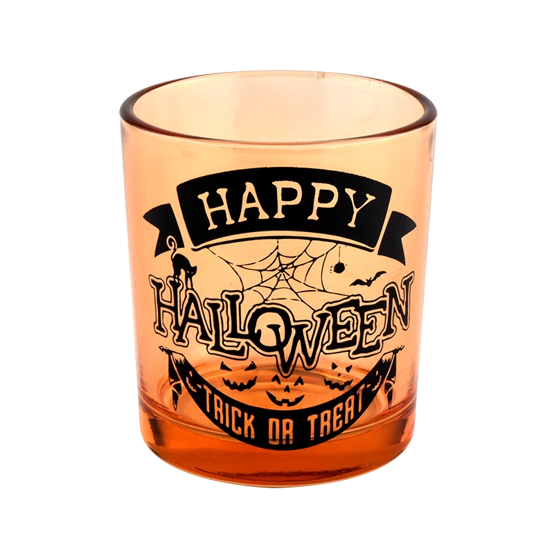 Venta al por mayor de tarros de velas de cristal naranja con graffiti de Halloween decorados para las vacaciones