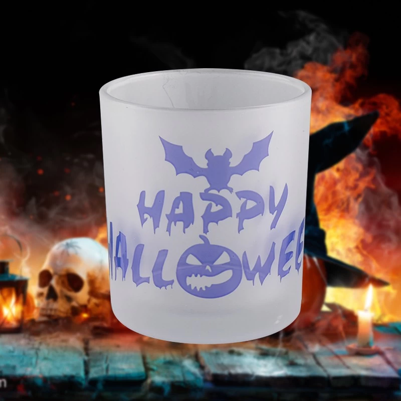 Custom white frosted glass candle jars containers with Hallowmas pattern candle holders decorated wholesalers