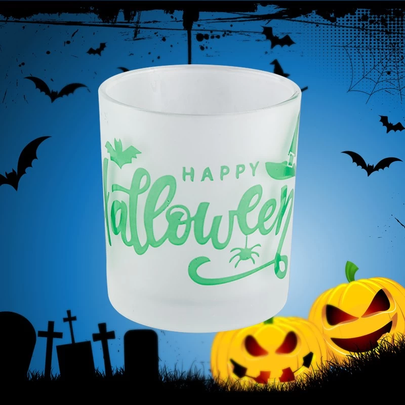 Wholesale white frosted green graffiti Halloween glass candle jars for party event decorations