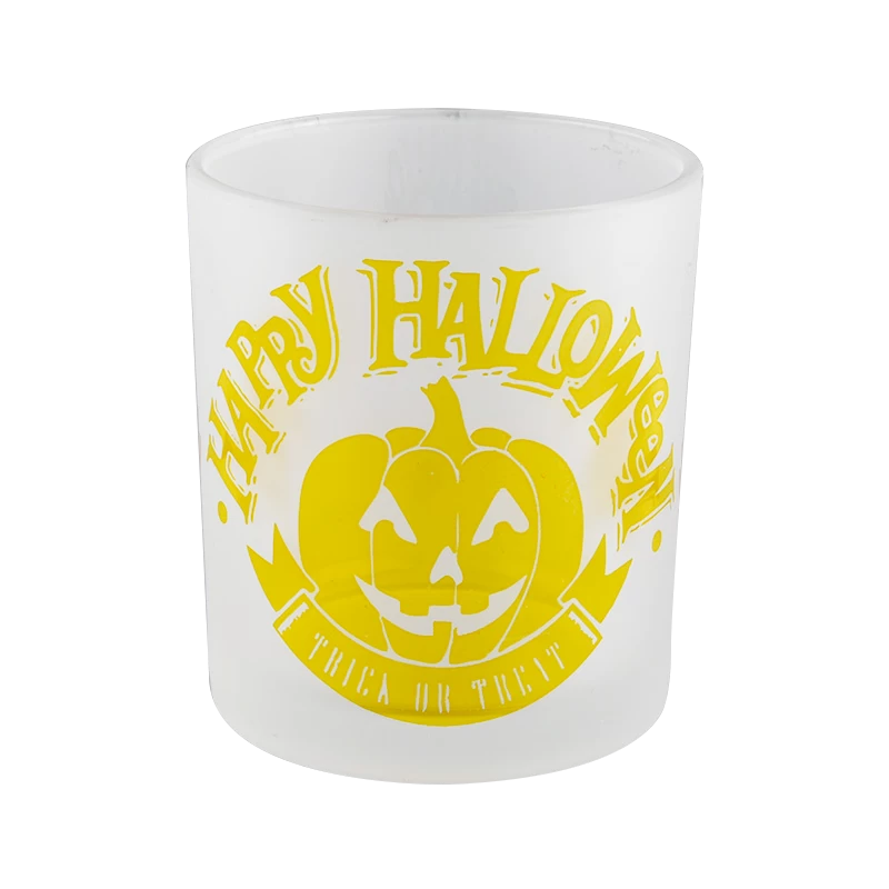 Custom frosted yellow pumpkin Halloween pattern glass candle jar candle holder decoration