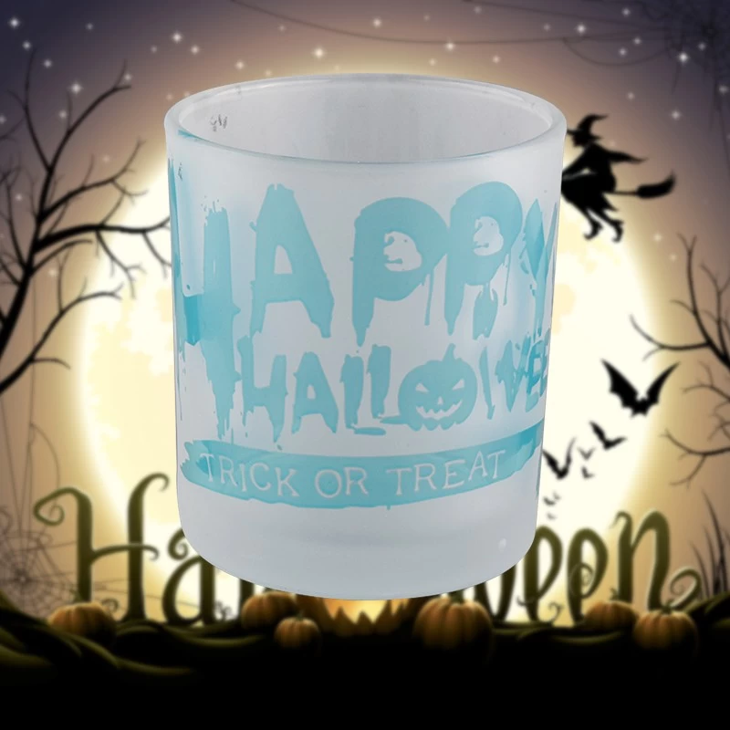 Luxury white frosted blue Halloween graffiti pattern glass candle jars wholesale