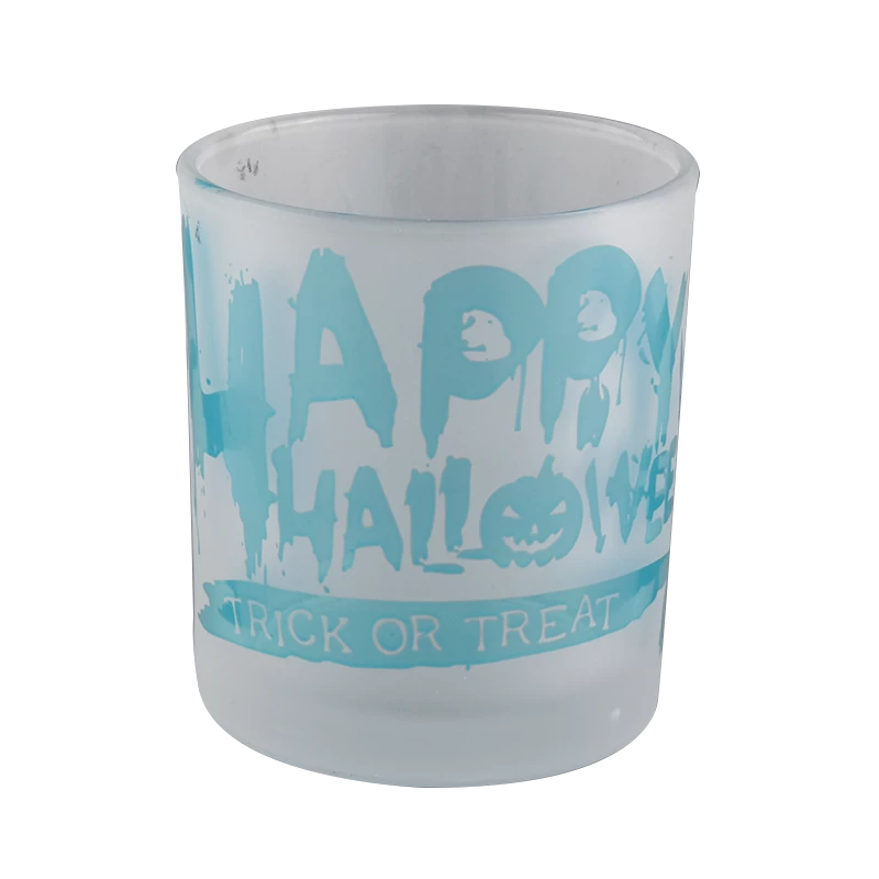 Luxury white frosted blue Halloween graffiti pattern glass candle jars wholesale