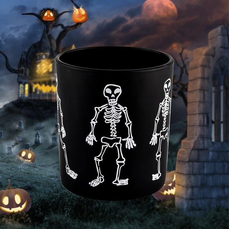 Wholesale black glass candle jars with Halloween skull design glass candle jars