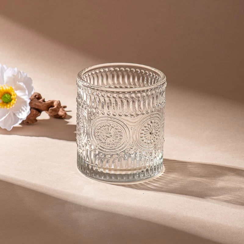 Embossed transparent glass candle containers with lid