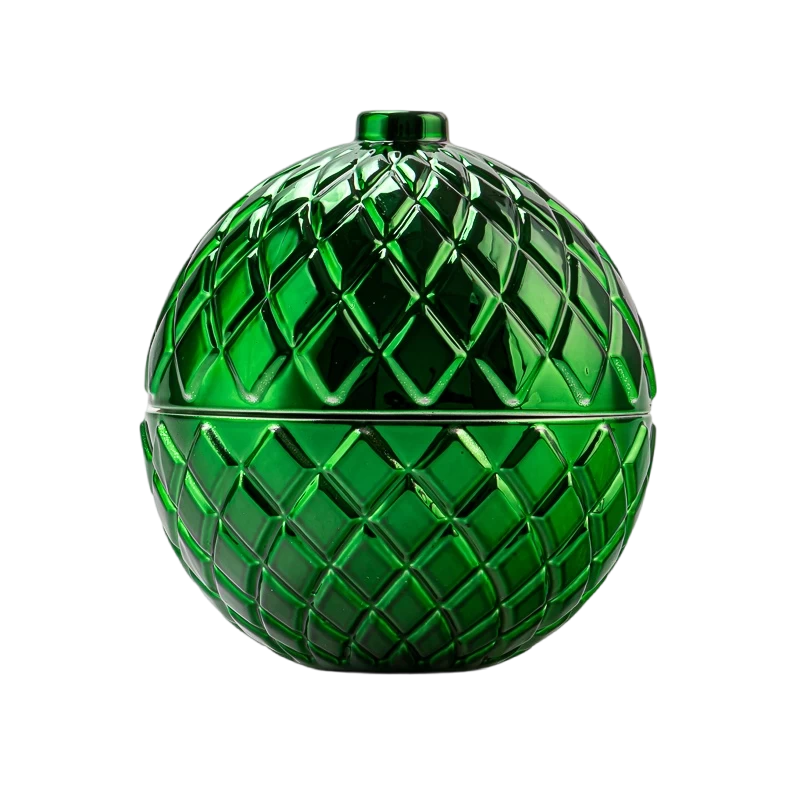 Custom Christmas Spherical Glass Candle Jar with Lid Diamond Grid Pattern Decorative Jar