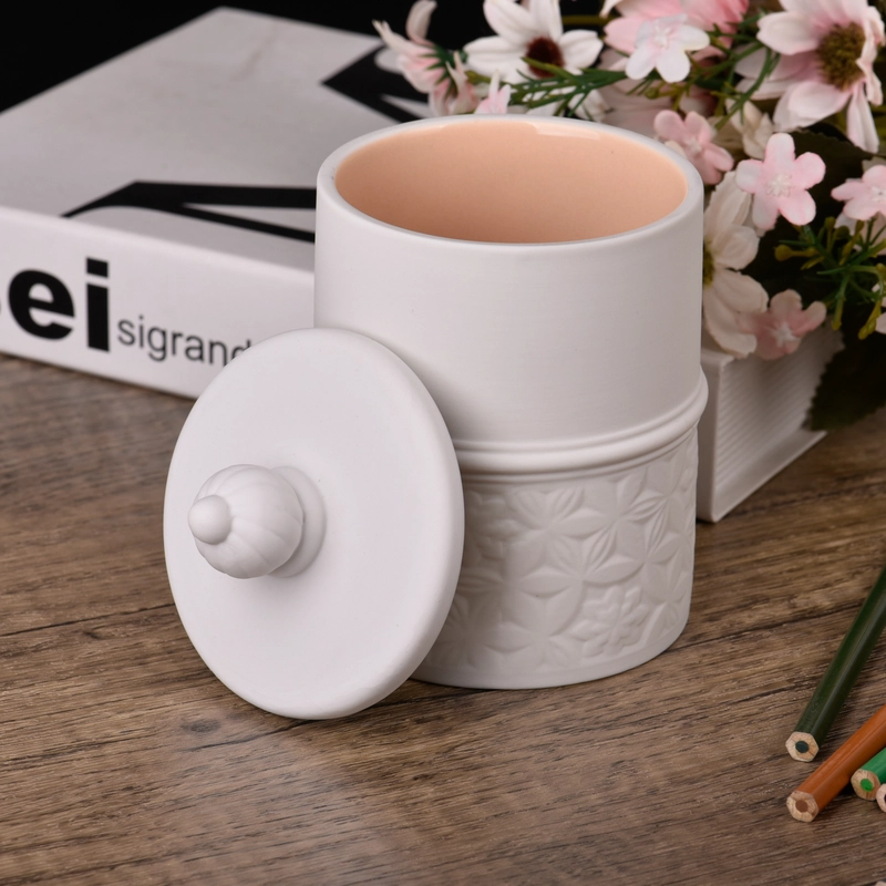 Portacandele in ceramica bianca a rilievo vintage personalizzato con coperchio