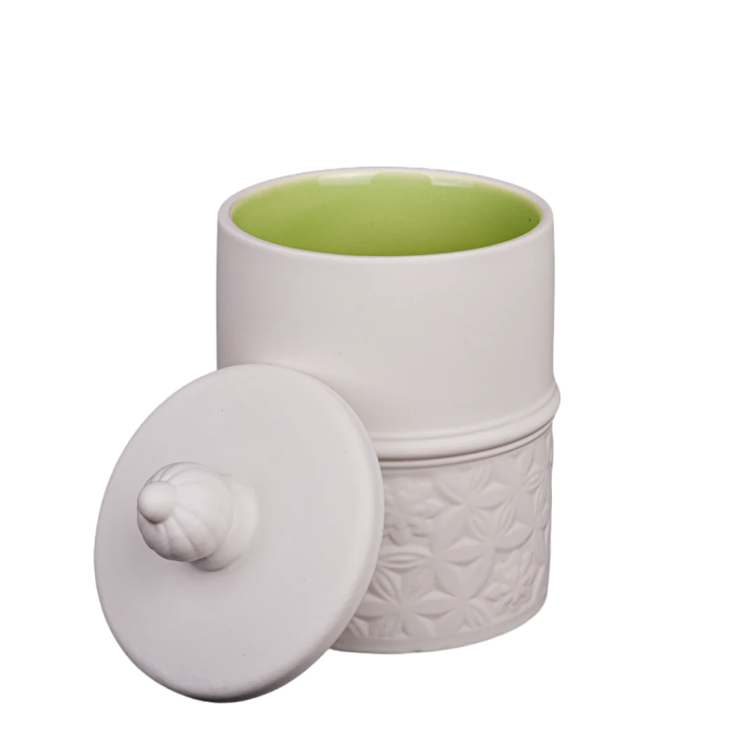 بيع المصنع مباشرة لأوعية الشموع الخزفية البيضاء والخضراء مع الأغطية