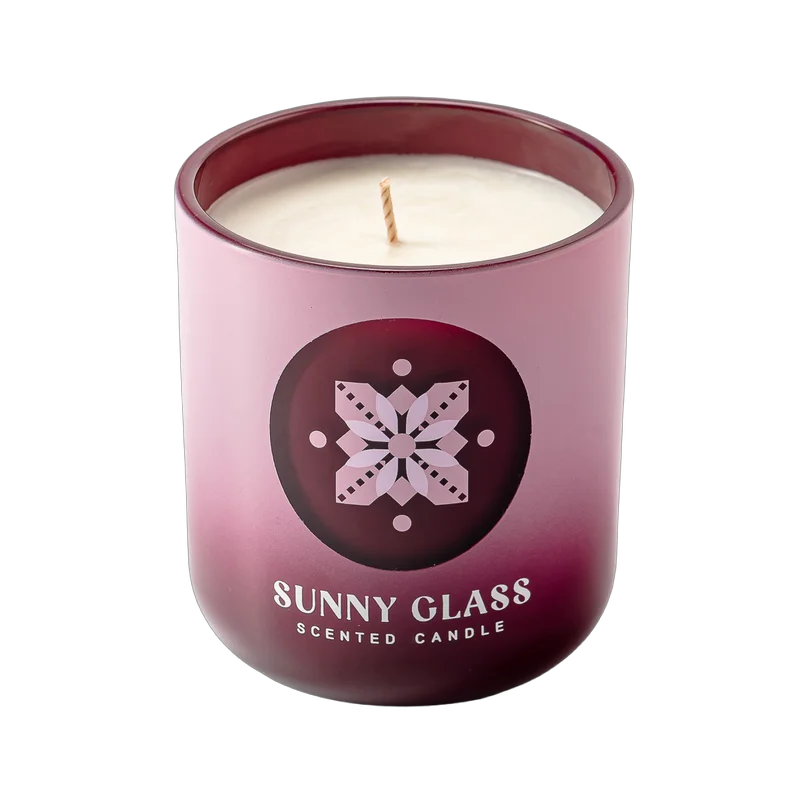 Customized Christmas-themed gradient pink sticker glass candle jar with wooden lid