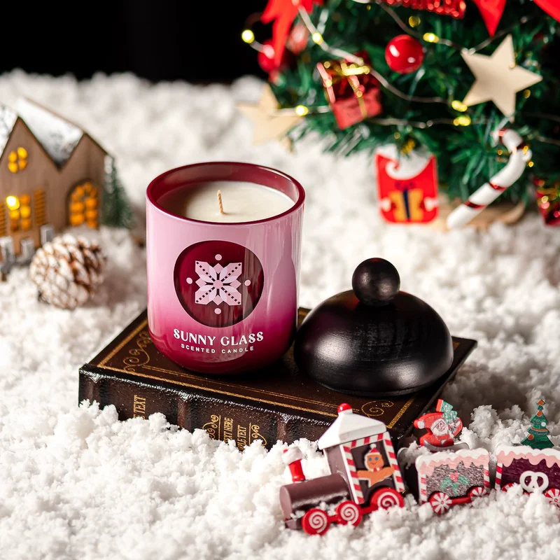 Customized Christmas-themed gradient pink sticker glass candle jar with wooden lid