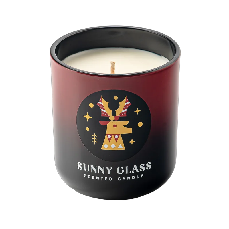 Wholesale Christmas gradient red and black reindeer sticker glass candles in jars with wooden lids