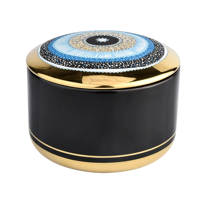 Wholesale black gold enamel pattern ceramic candle jars with lids