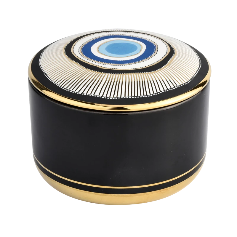 Unique design blue eye pattern ceramic candle jar with lid