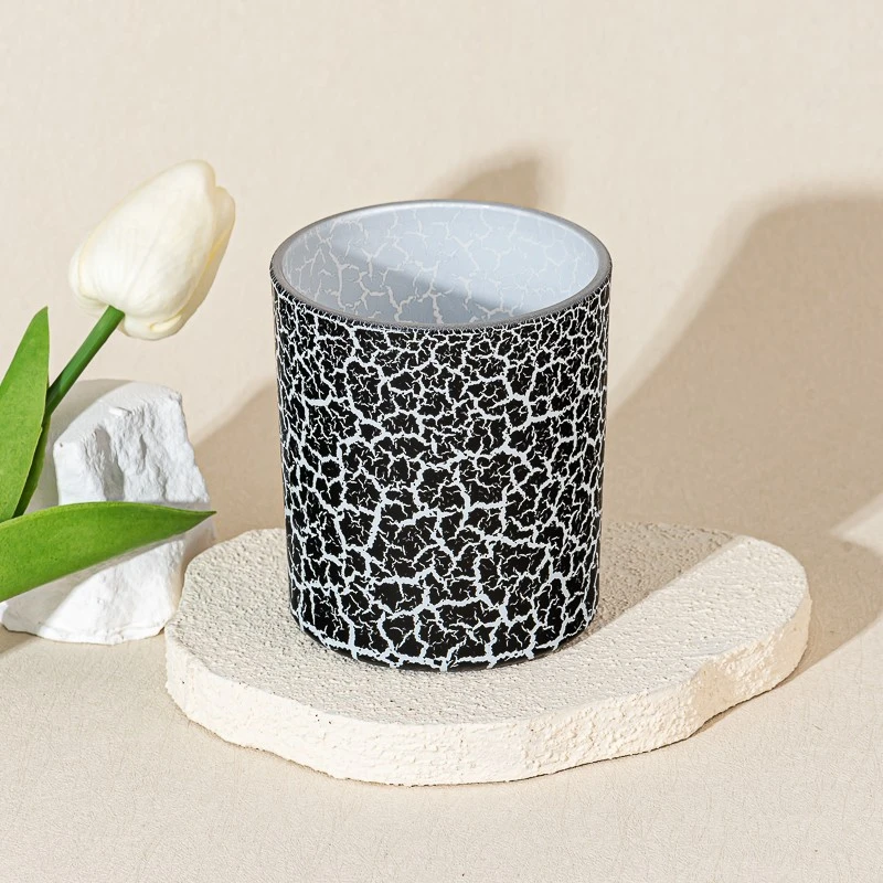 Wholesale black and white cracked texture glass candle jars for aromatherapy containers