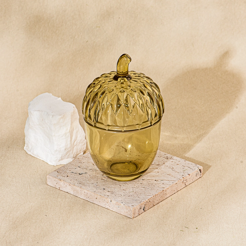 Wholesale amber colored acorn shaped glass candle jars with lids