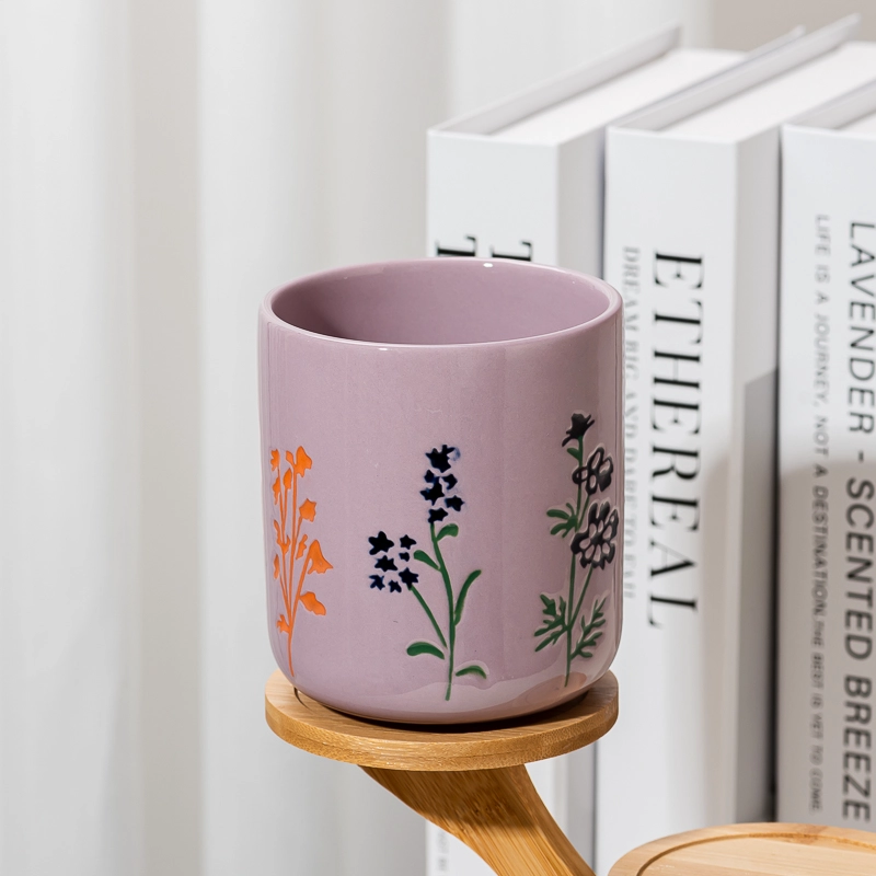 Barattoli di candela in ceramica goffrata rosa antico con fiori di campo all'ingrosso