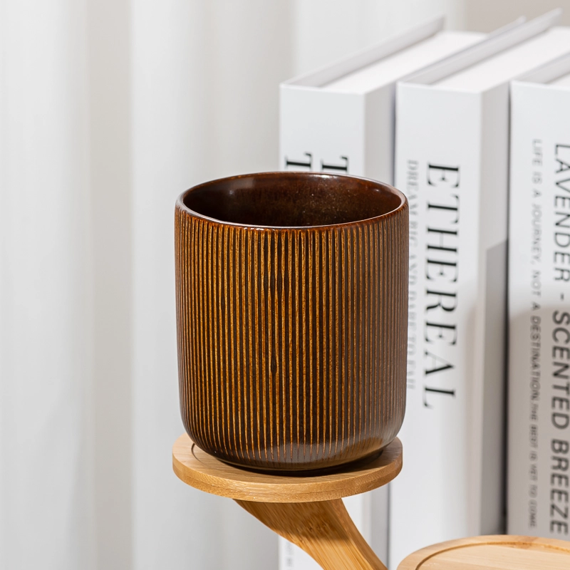 460ml Caramel Brown Vertical Ribbed Ceramic Candle Jar