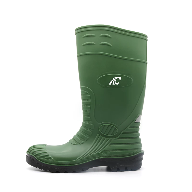 China GB05 Oil acid alkali resistant waterproof steel toe prevent puncture green pvc safety rain boots manufacturer