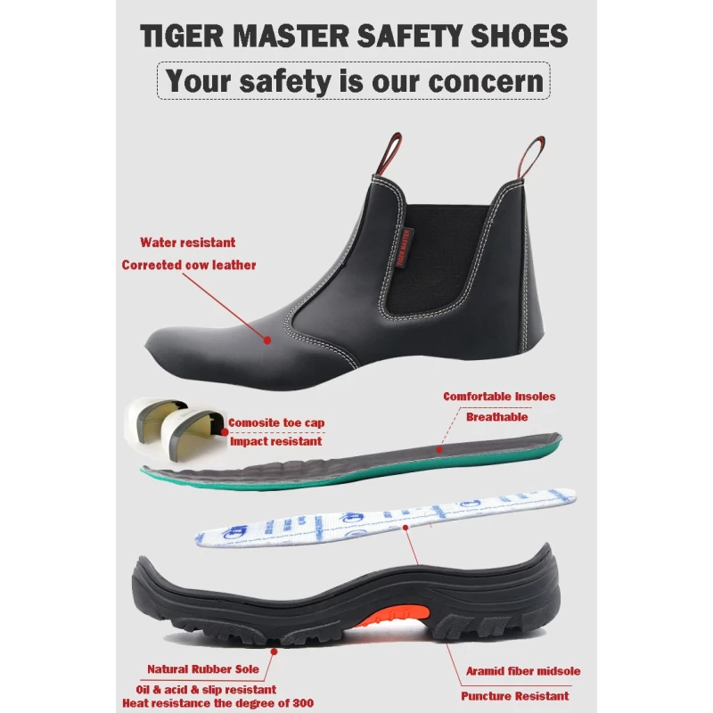 China TM143 Anti slip black leather composite toe elastic band rubber HRO safety shoes without laces manufacturer
