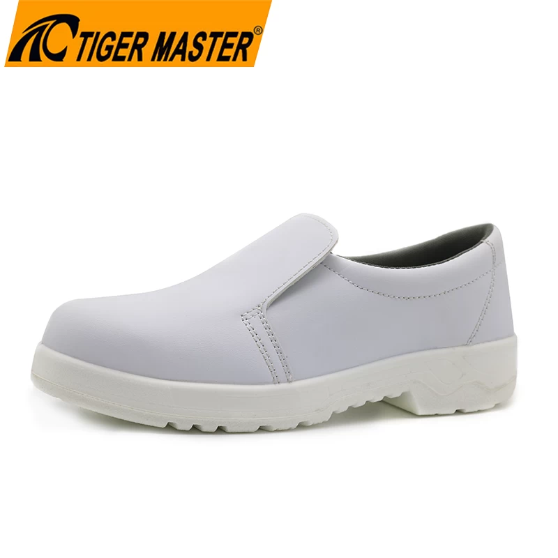 الصين TM065 أحذية مطبخ بيضاء من الجلد المصنوع من الألياف الدقيقة من البولي يوريثان ومضادة للثقب وغير قابلة للانزلاق مع مقدمة فولاذية الصانع
