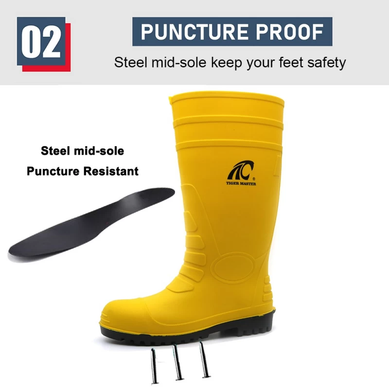 China GB08 CE Non slip waterproof yellow pvc safety rain boots with steel toe manufacturer