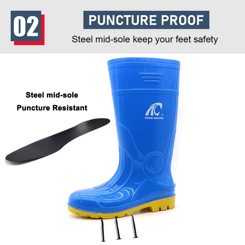 China GB07 CE blue waterproof glitter pvc safety rain boots with steel toe manufacturer