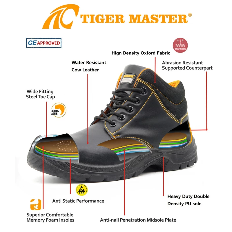 China TM074 Black leather non slip steel toe men safety shoes for construction manufacturer