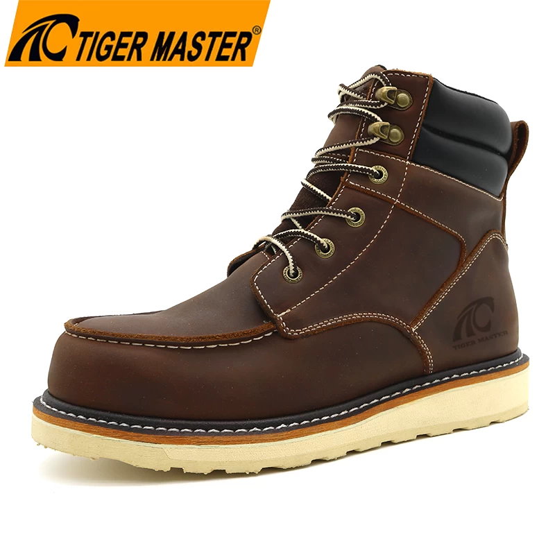 China TM162 Brown genuine leather steel toe goodyear safety shoes waterproof manufacturer