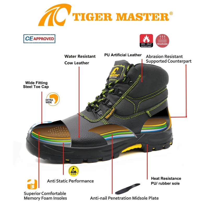China Sapatos de segurança de mineração de couro preto TM167 com biqueira de aço fabricante
