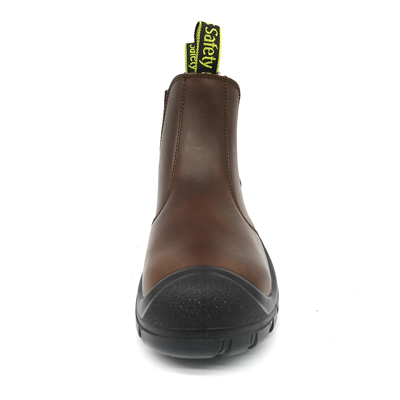 الصين TM168 أحذية أمان للرجال مصنوعة من جلد البقر البني PU وحيد إصبع القدم الصلب بدون أربطة الصانع