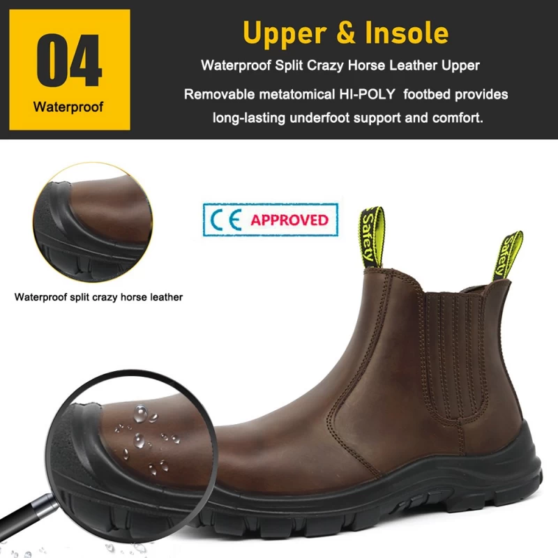 الصين TM168 أحذية أمان للرجال مصنوعة من جلد البقر البني PU وحيد إصبع القدم الصلب بدون أربطة الصانع
