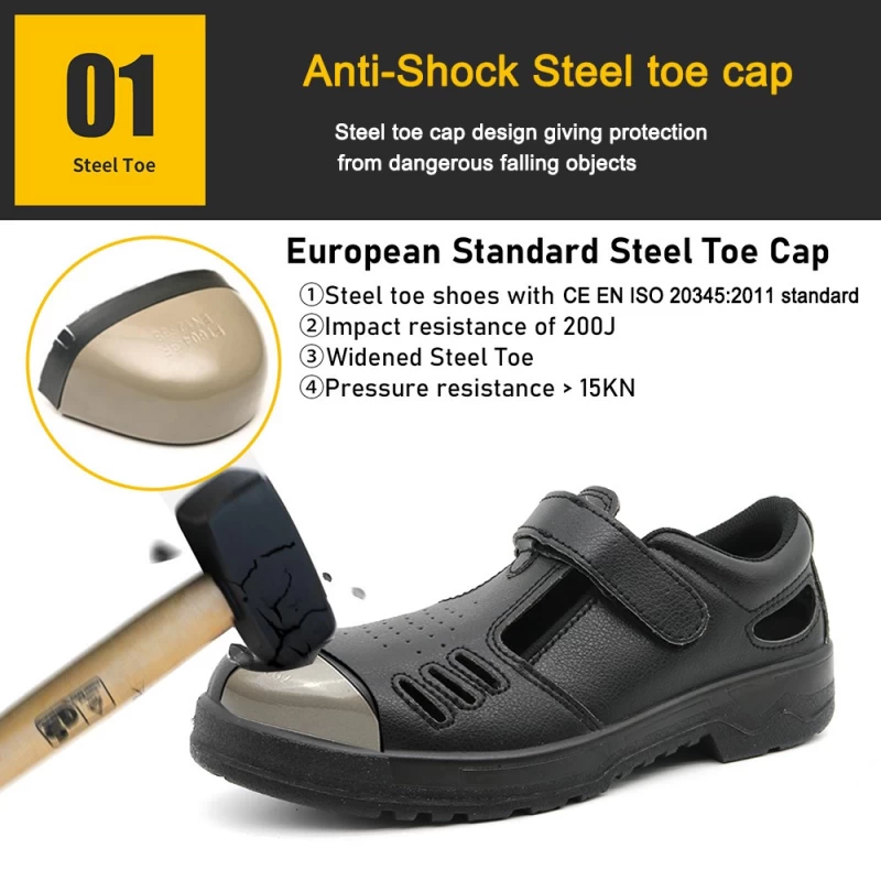 China Sapatos de segurança de verão de couro antiderrapante de couro preto TM075 para homens fabricante