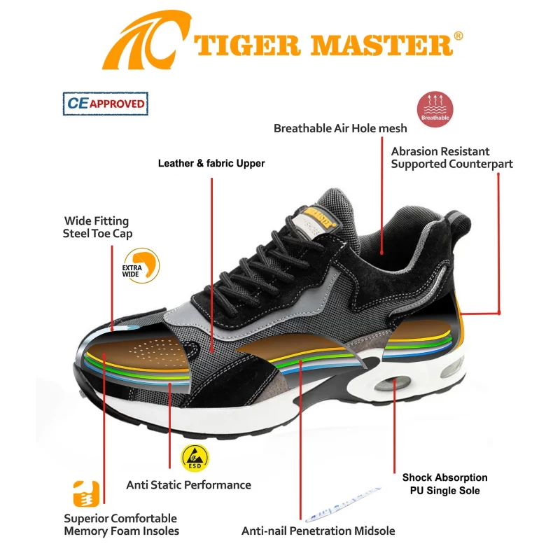 الصين TM3059 امتصاص الصدمات بو وحيد ثقب واقية من الصلب اصبع القدم أحذية السلامة العمل الصانع