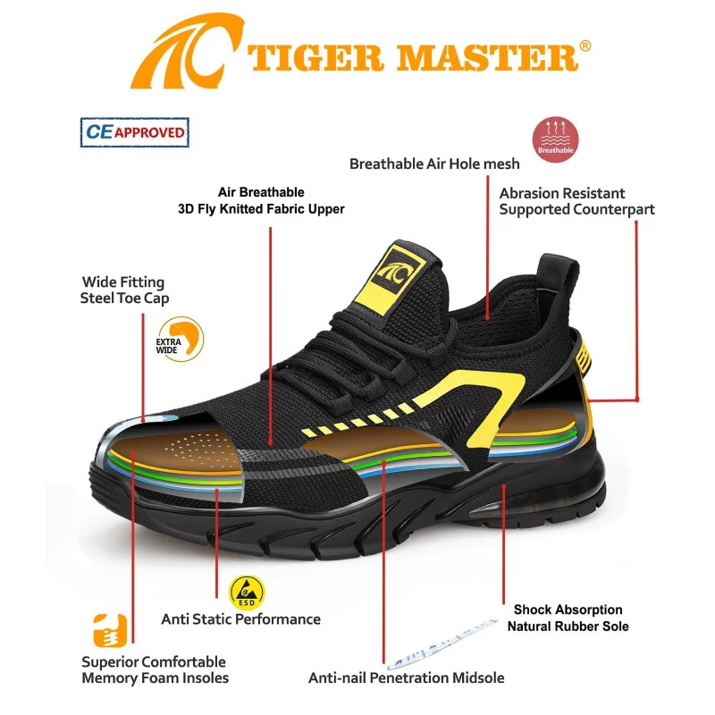 China TM3061 sola de borracha de absorção de choque biqueira de aço sapatos de segurança esportivos moda fabricante