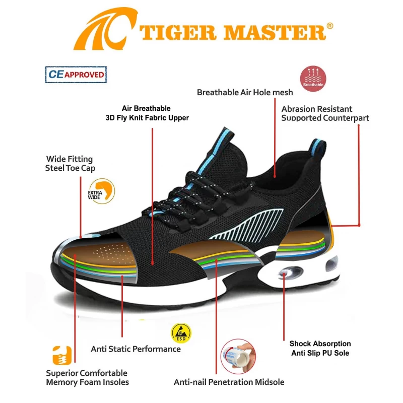 Китай TM3072 амортизирующая пятка, устойчивая к проколам, стальной носок, модная защитная обувь, спортивная обувь производителя